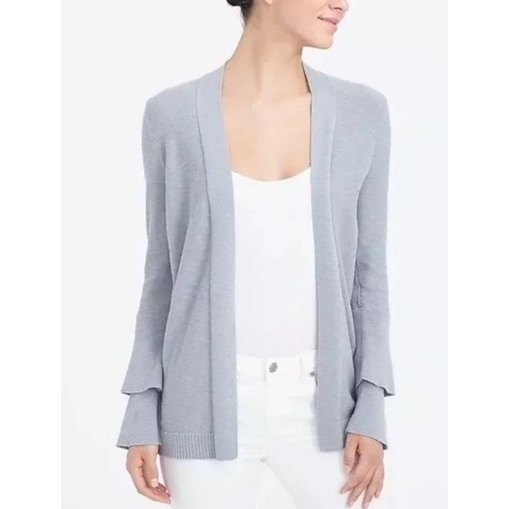 J.Crew Gray Ruffle Bell Sleeve Open Front Cardigan Sweater Medium Cotton Blend